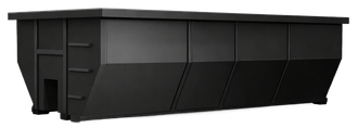 Black rectangular industrial dumpster with side doors and sloped top