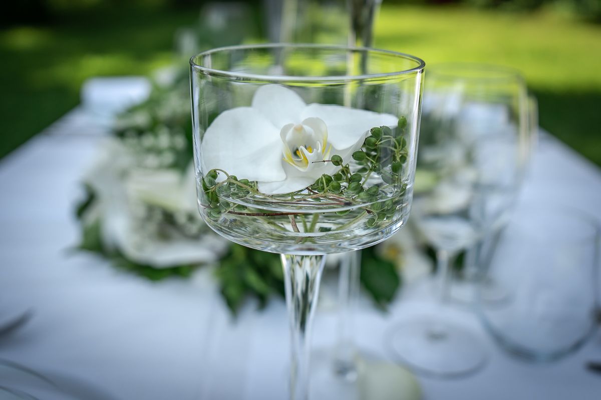 Auf einem Tisch steht ein Weinglas mit einer weißen Orchidee darin.