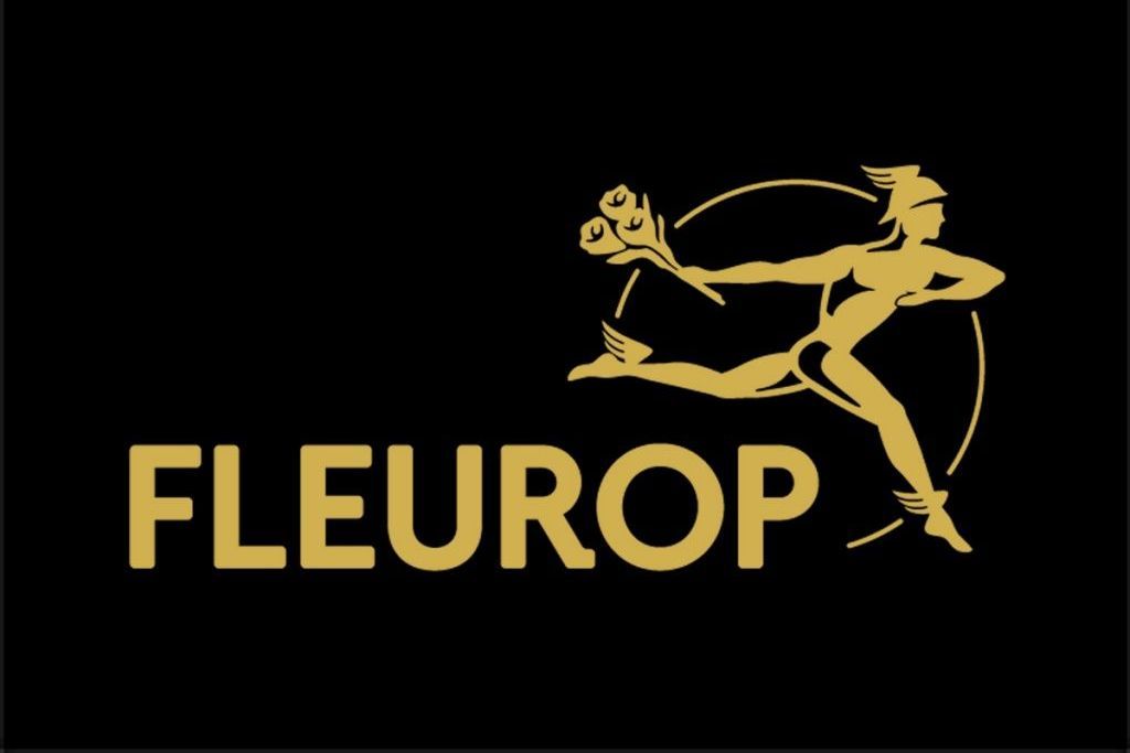 Fleurop-Logo mit einem Lieferanten mit einem Blumenstrauß