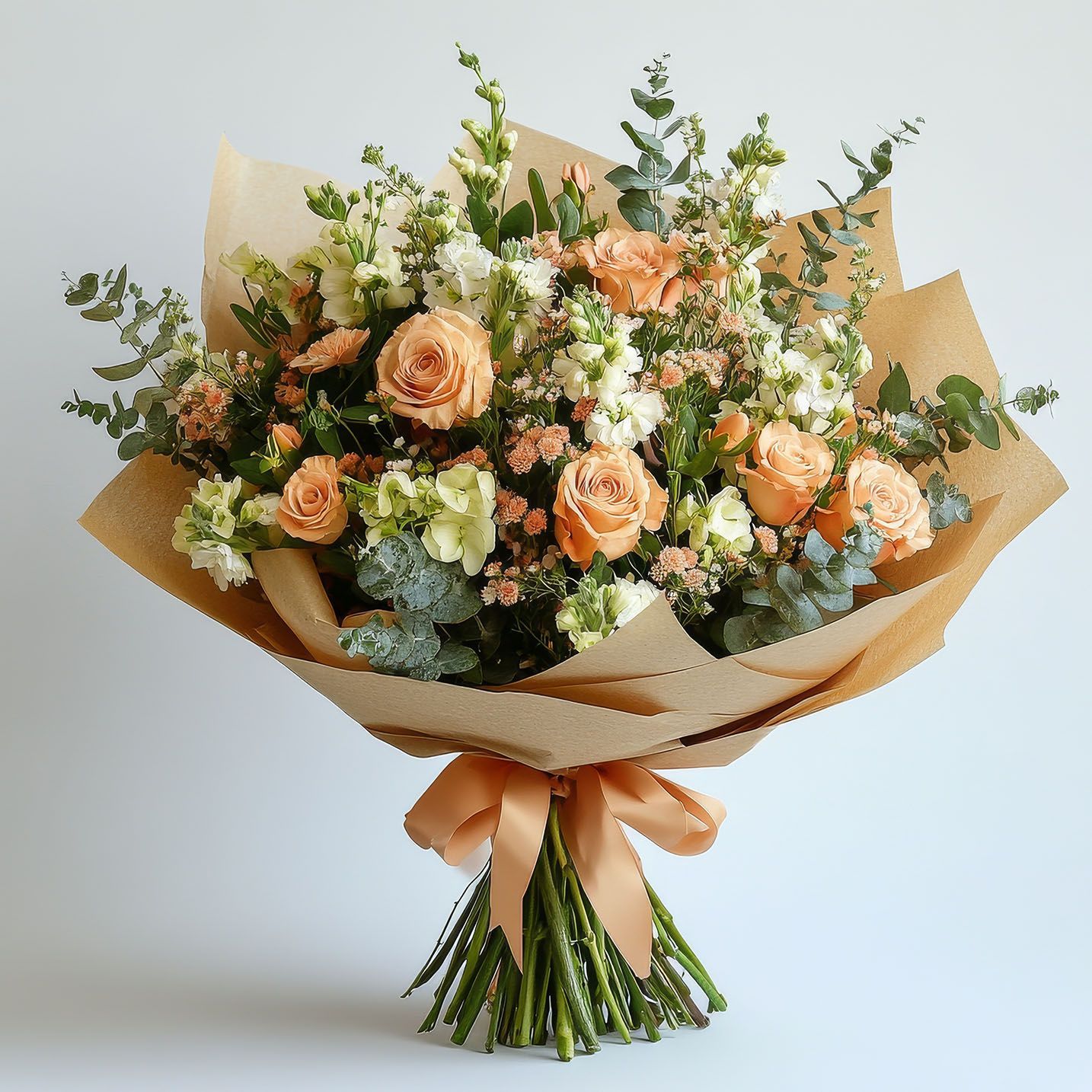 Dicht gebundener Strauß aus vielen kleinen Blüten in creme und apricot. Dazwischen Eukalyptus. Außen herum eine Papiermanschette naturfärbig und eine apricot Masche.