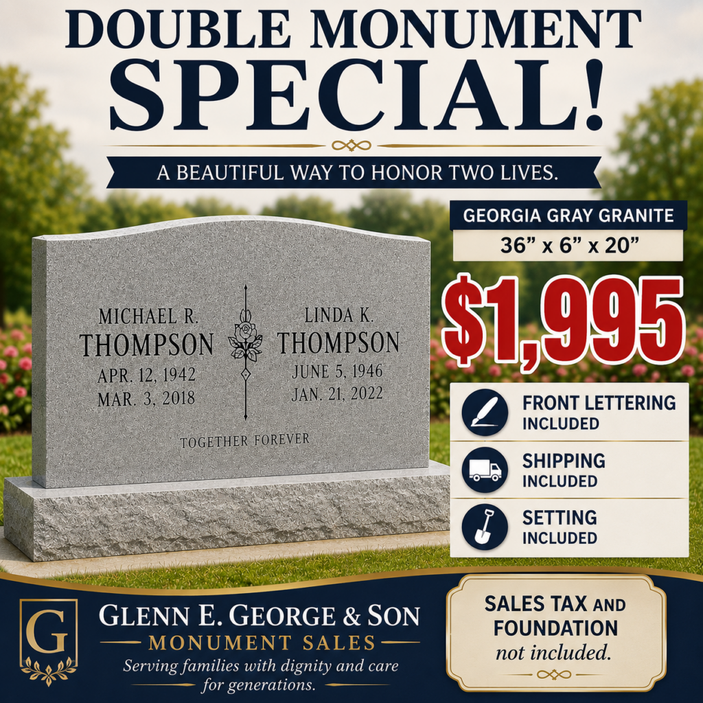 Double monument special ad with gray granite gravestone