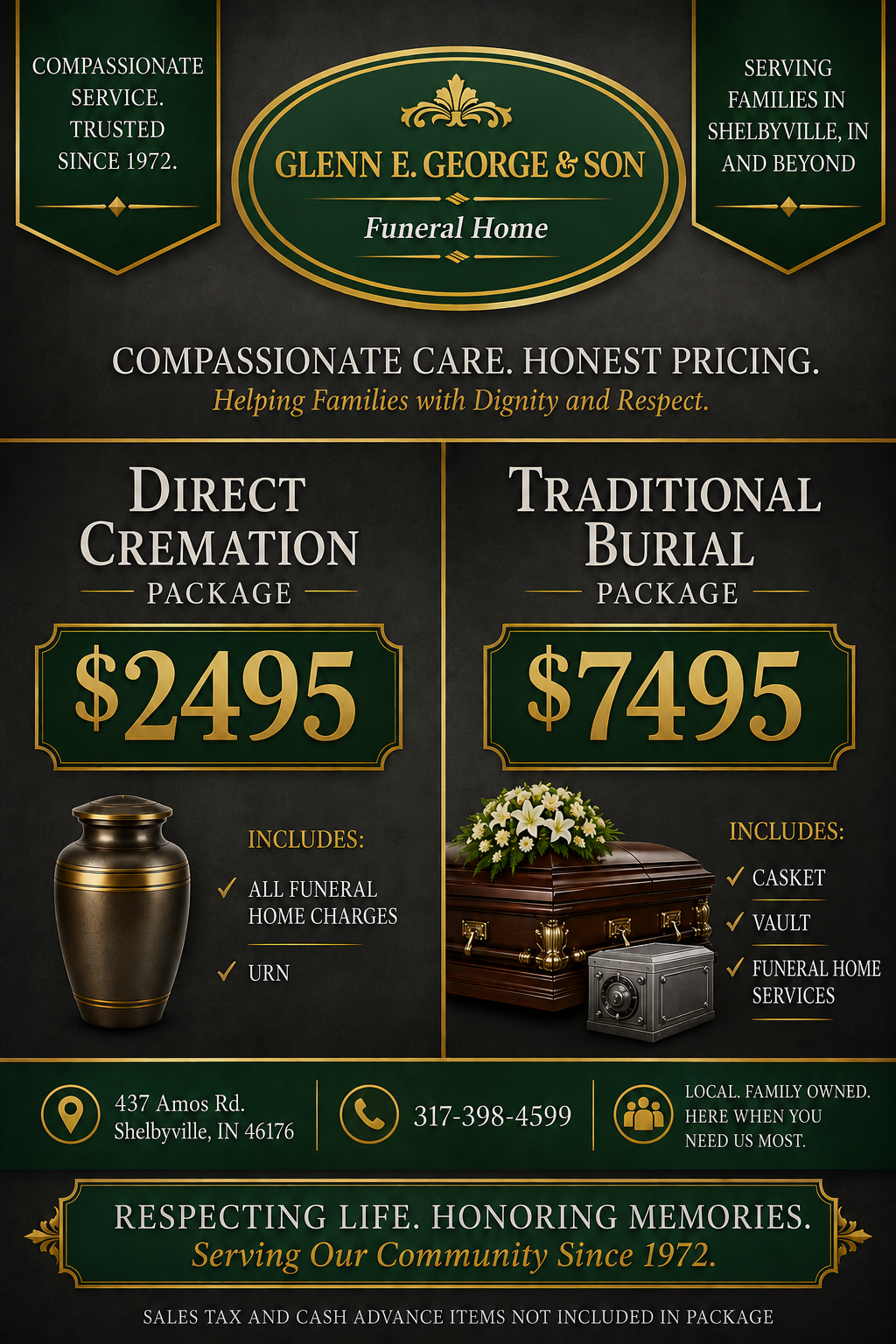 Green and gold funeral home ad for direct cremation $2495 and traditional burial $7495