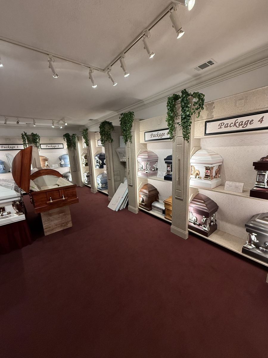 Small showroom with burgundy carpet, white shelves of merchandise, and hanging track lights.