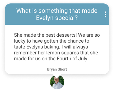 Testimonial card praising Evelyn’s desserts, with a blue header and a small profile photo below.