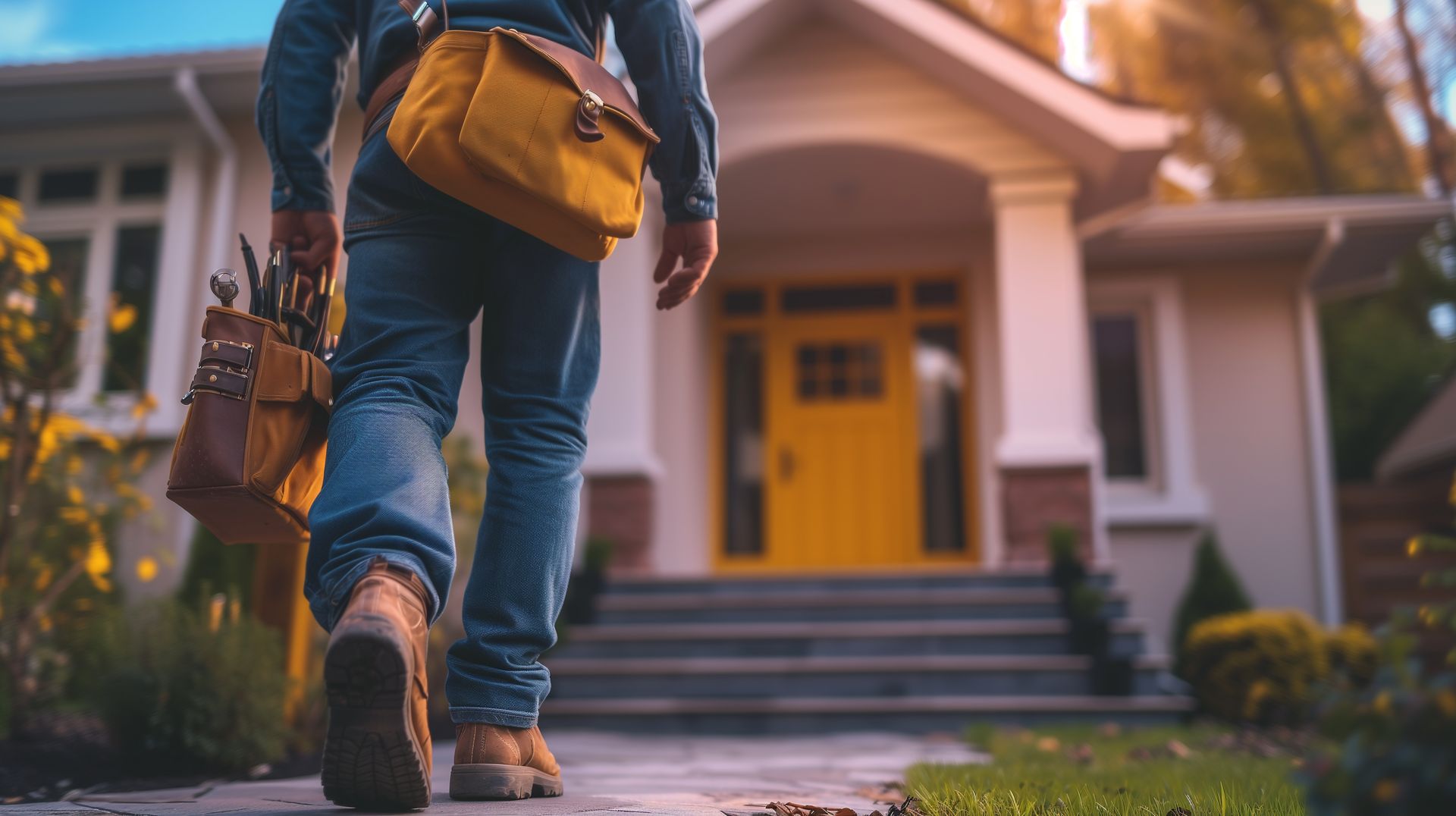 A man is carrying a tool bag and walking towards a house.