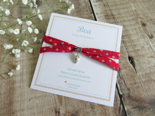 Fabric Wrap Charm Bracelet, Heart Charm Bracelet, Personalised Charm Bracelet