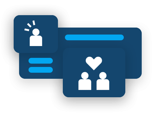 Blue graphic with three overlapping square icons: a person with a                           lightbulb, a user interface, and two people with a heart.