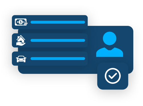 Blue graphic showing a user profile with progress bars for finances, home, and car, and a checkmark icon.