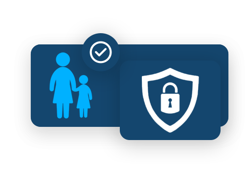 A blue icon shows a parent and child with a checkmark, plus a shield with                           a lock, symbolizing safety and security.