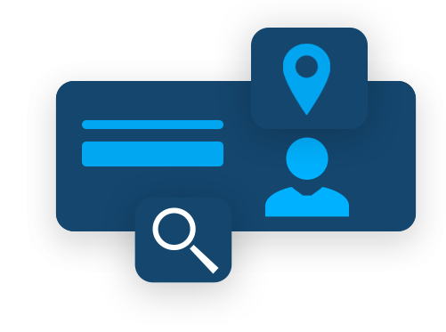Dark blue interface with search bar, location pin, user icon, and                           magnifying glass icons.