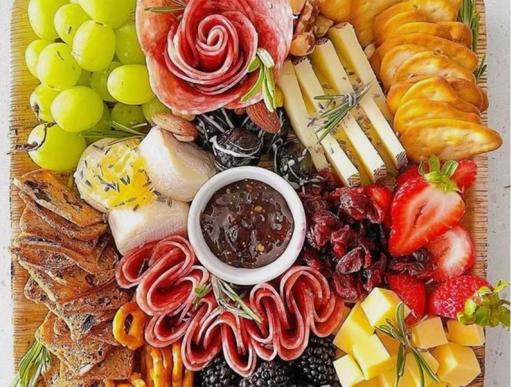 Charcuterie board with grapes, cheeses, meats, crackers, berries, and a small bowl of jam.