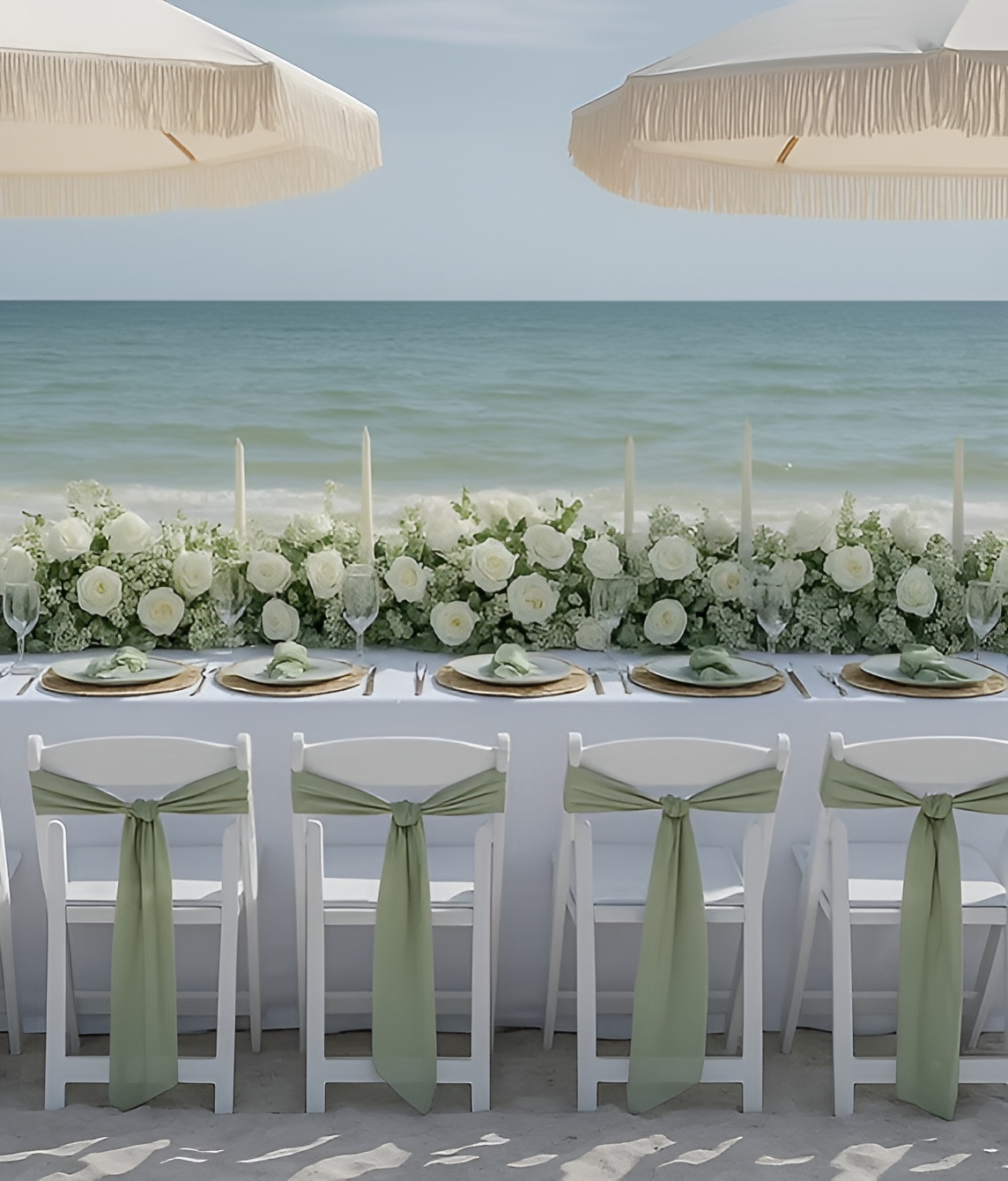 Beachside wedding reception with white table, floral centerpiece, green chair sashes, and umbrellas.