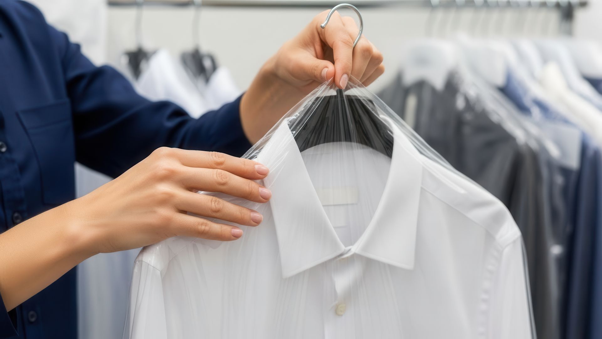 Dry cleaning pick up and delivery service featuring a professional crisp white shirt in plastic Dry cleaning pick up and delivery service featuring a professional crisp white shirt in plastic