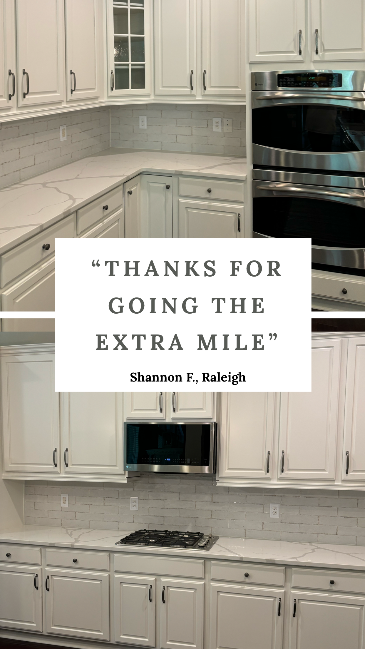 A kitchen with white cabinets and stainless steel appliances.