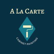 A logo for a cabinet painting company with a paint roller in a diamond.