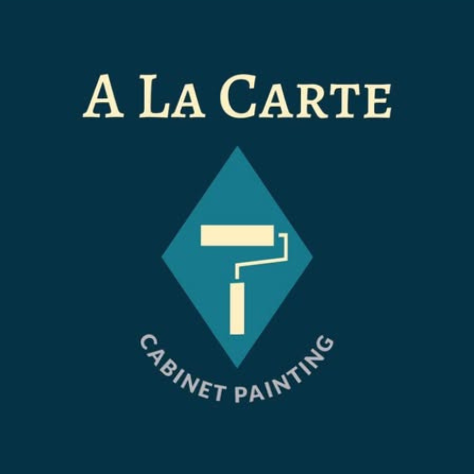 A logo for a cabinet painting company with a paint roller in a diamond.