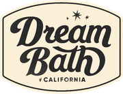 Dream Bath California logo in black script on a cream background with stars.