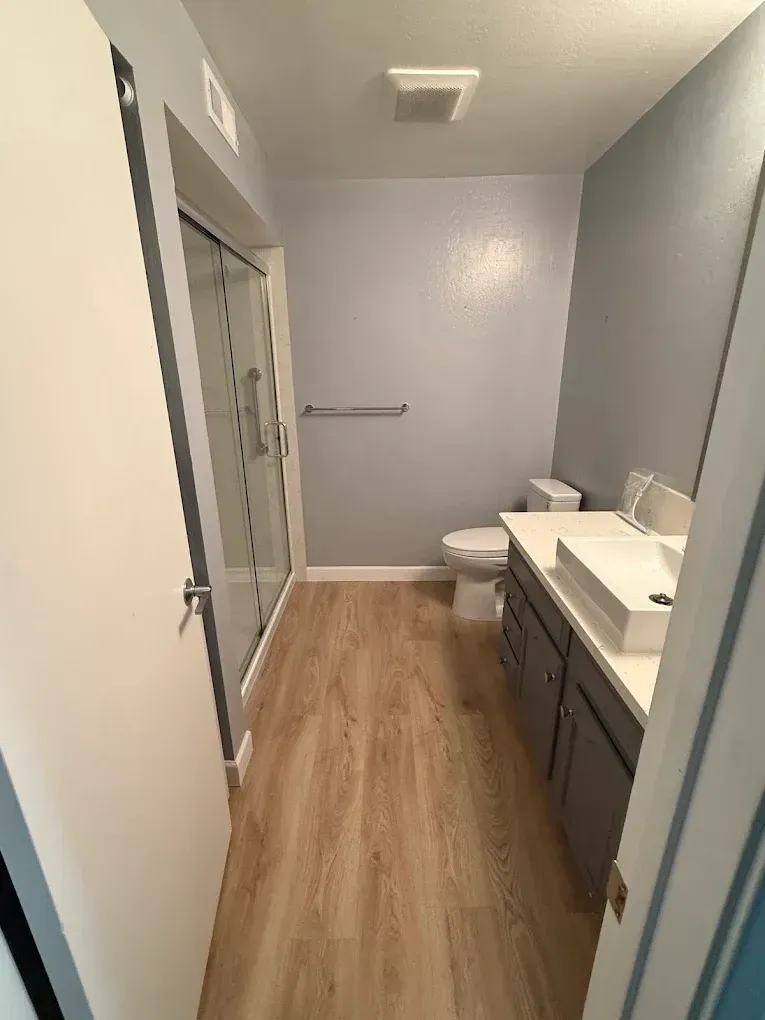 Narrow bathroom with wood-look floor, gray vanity, toilet, shower, and bright overhead light.