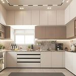 Modern white and wood kitchen with cabinets, island, window, and built-in appliances