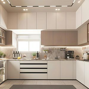Modern white and wood kitchen with cabinets, island, window, and built-in appliances