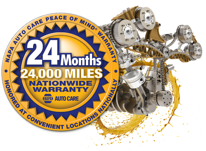 NAPA Auto Care 24-month/24,000-mile nationwide warranty emblem beside a mechanical engine assembly. | Avon Auto & Truck