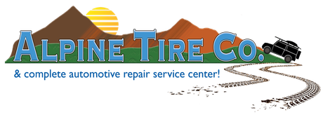 Logo for Alpine Tire Co. featuring text in front of stylized blue mountain silhouettes and a yellow sun. | Avon Auto & Truck