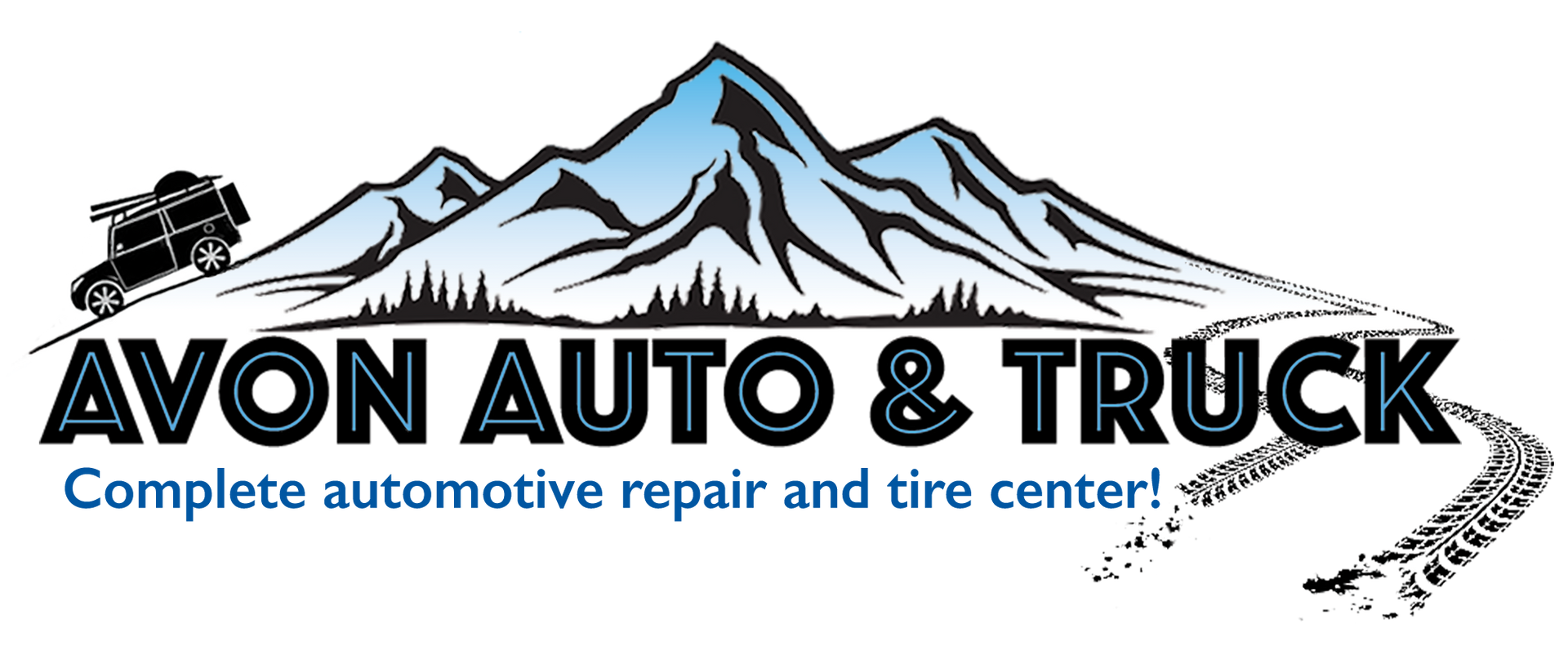 Blue graphic of a mountain range above the black text 