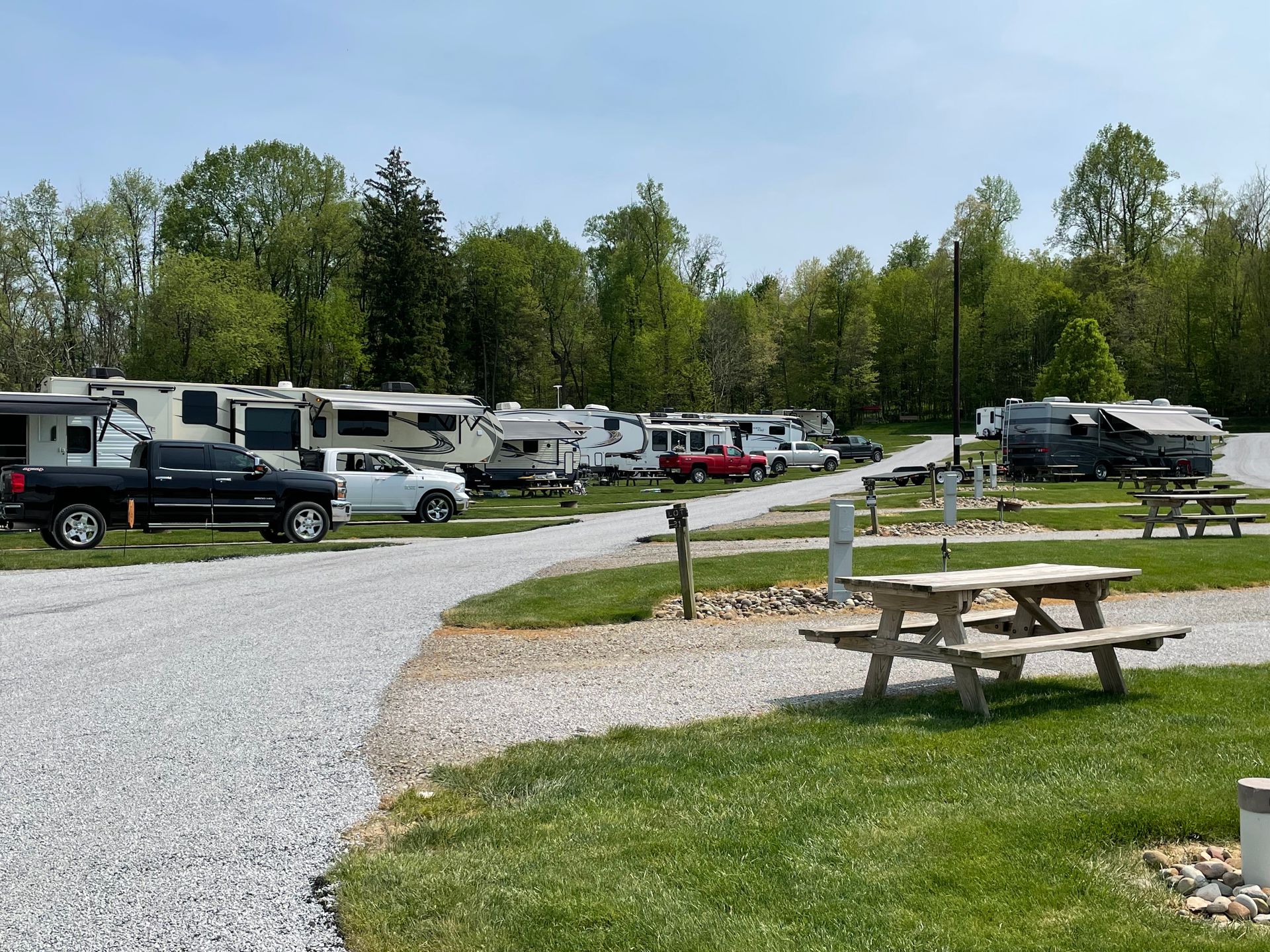 RV campground with gravel road, picnic tables, and parked recreational vehicles under a sunny sky.