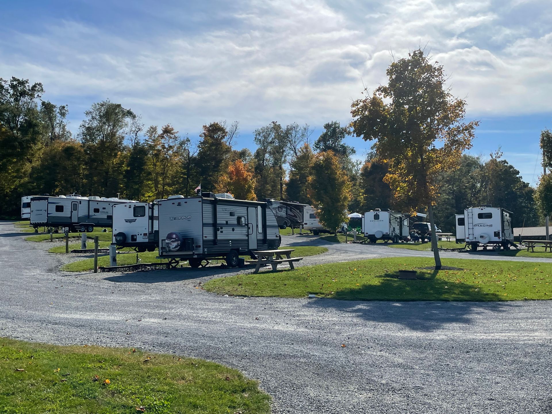 RV campsite with gravel pads, picnic tables, and trailers under a partly cloudy sky.