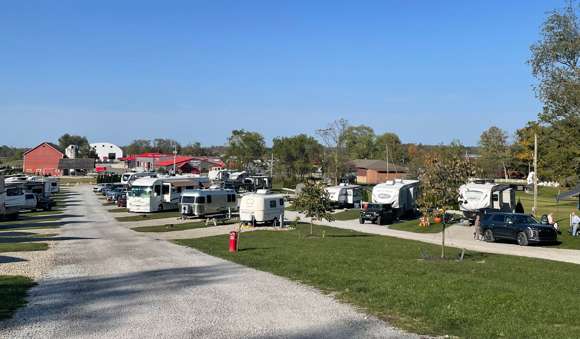 RV campground with travel trailers parked on gravel, some with picnic tables and trees.