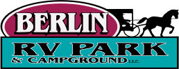 Berlin RV Park & Campground logo with text, a horse and buggy, and teal and maroon colors.