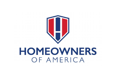 Homeowners of America logo: Blue shield with red and blue stripes, a white