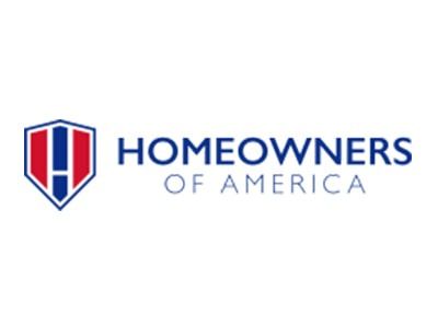 Homeowners of America logo: blue shield with red and blue stripes, and the company name to the right.
