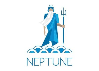 Geometric blue Neptune figure holding trident, standing above stylized waves. Text: