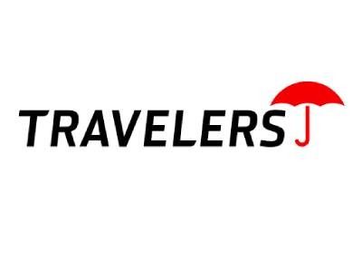 Travelers logo, black text with red umbrella symbol.