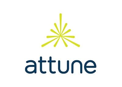 Attune logo: yellow stylized starburst above dark blue word