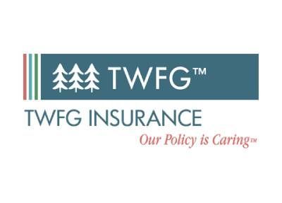 Logo for TWFG Insurance: blue and white text, pine tree icon,