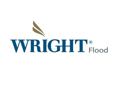 Logo for Wright Flood insurance: blue text, gold-brown wing design.