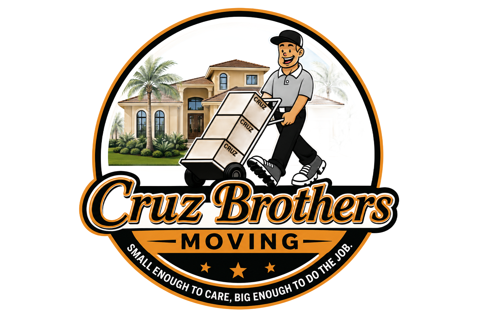 Cruz Brothers Moving logo with a mover pushing a hand truck in front of a house