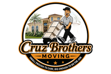 Cruz Brothers Moving logo with a mover pushing a hand truck in front of a house