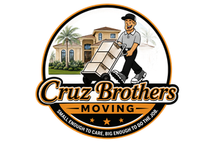 Cruz Brothers Moving logo with a mover pushing a hand truck in front of a house