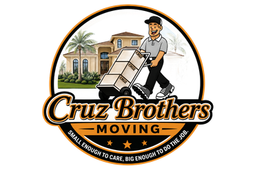 Cruz Brothers Moving logo with a mover pushing a hand truck in front of a house