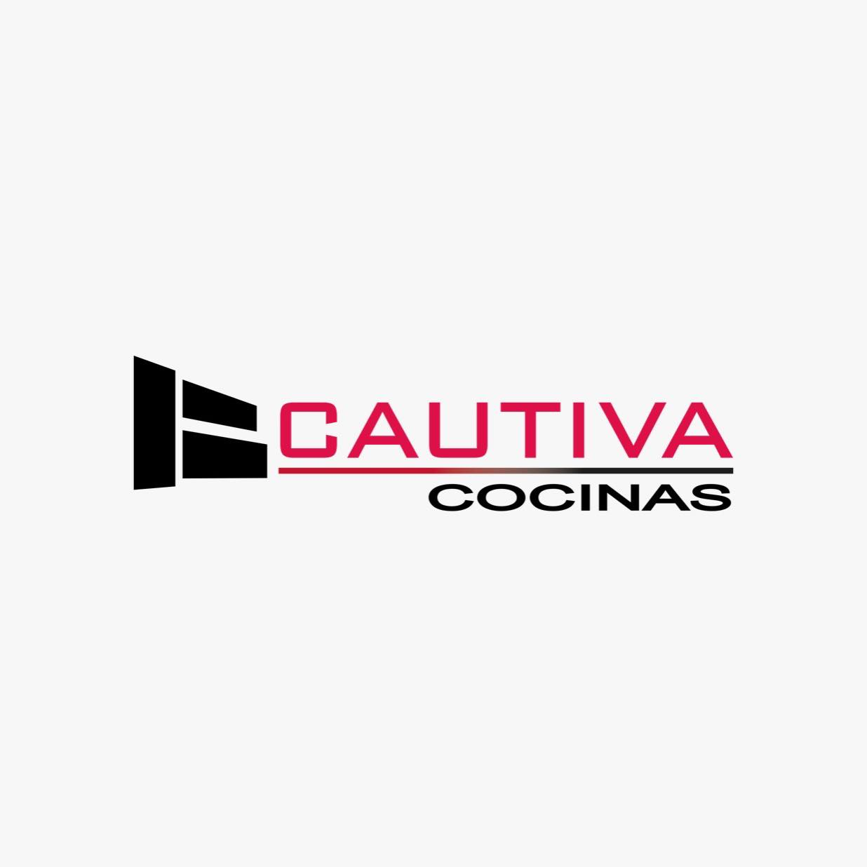 Logotipo para Cautiva Cocinas, texto negro y rojo, elemento de diseño de cocina abstracto.