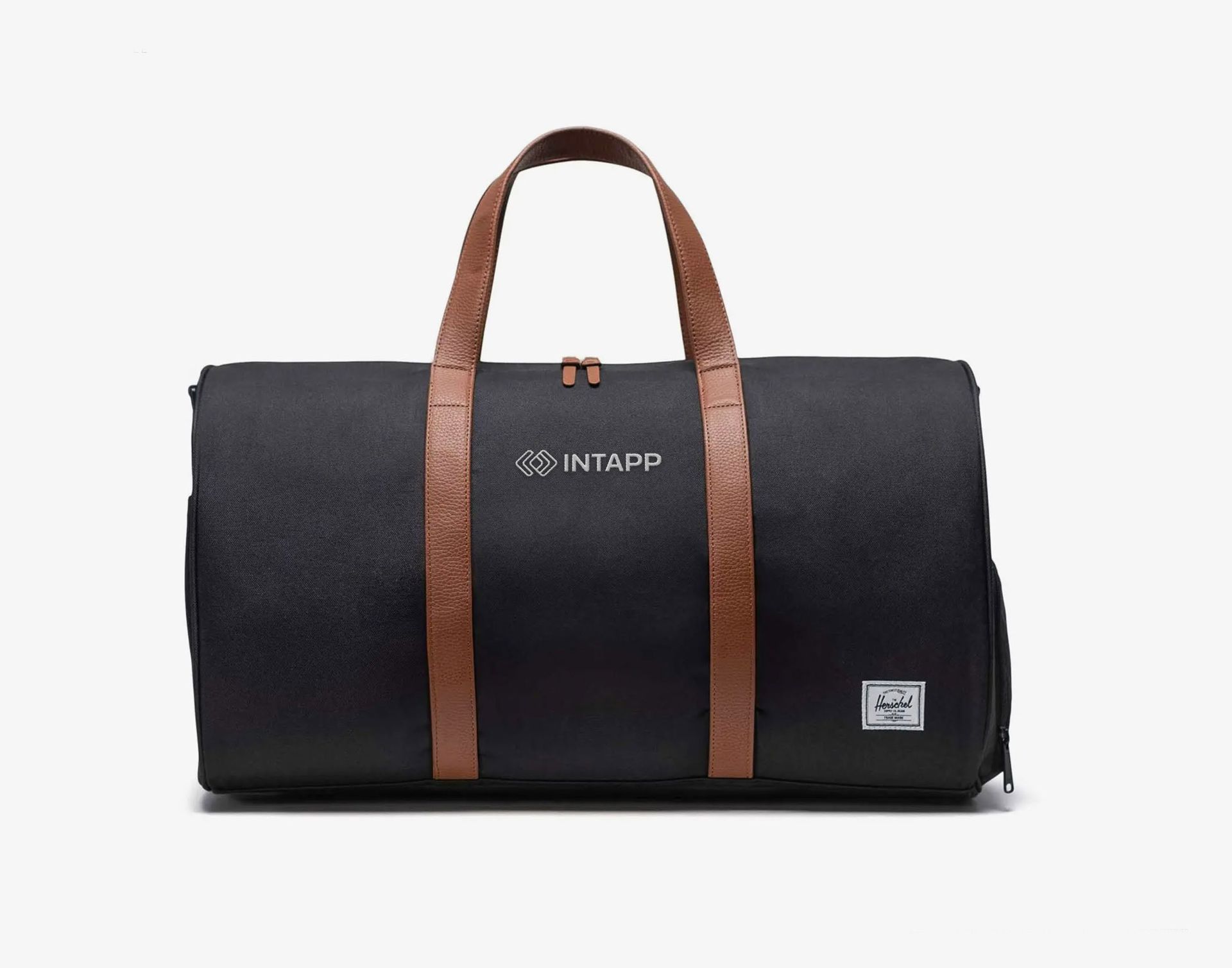 Black and brown duffel bag with