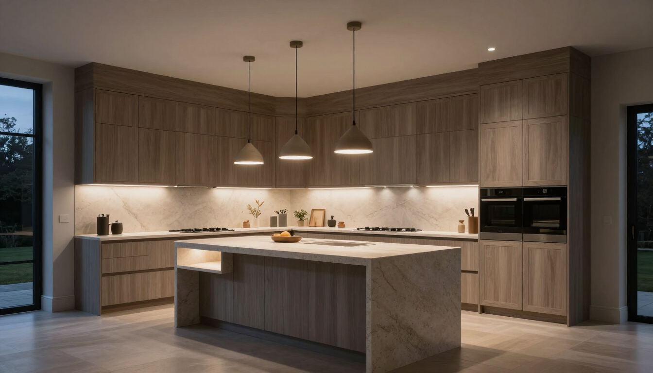 Modern kitchen with large island, wood cabinets, pendant lights, and built-in appliances