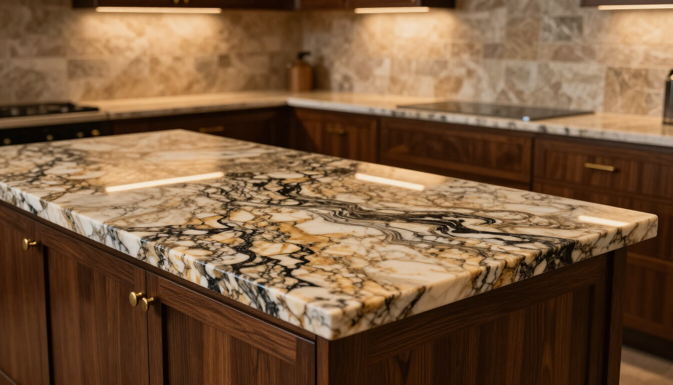 Kitchen island with polished beige and black granite countertop in a warm wood kitchen