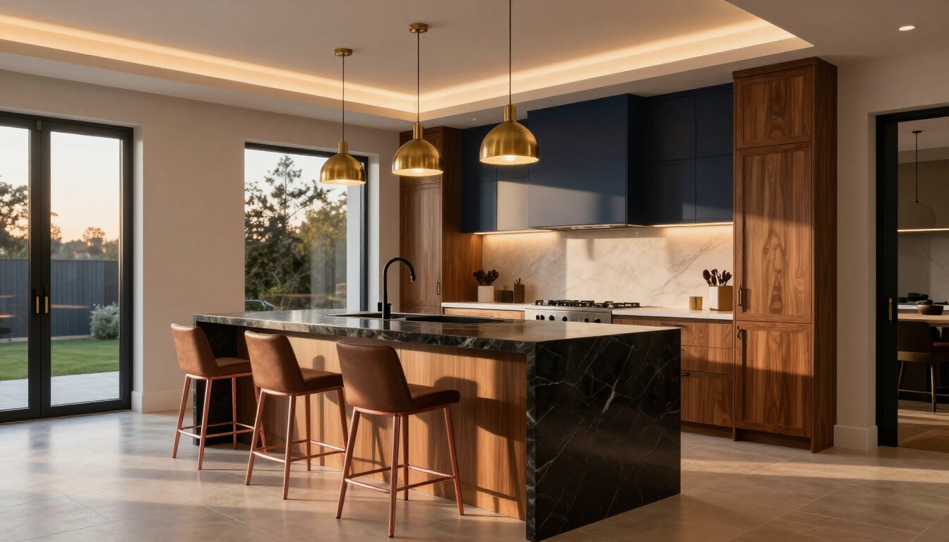 Modern kitchen with a dark island, brass pendant lights, and floor-to-ceiling windows overlooking a yard
