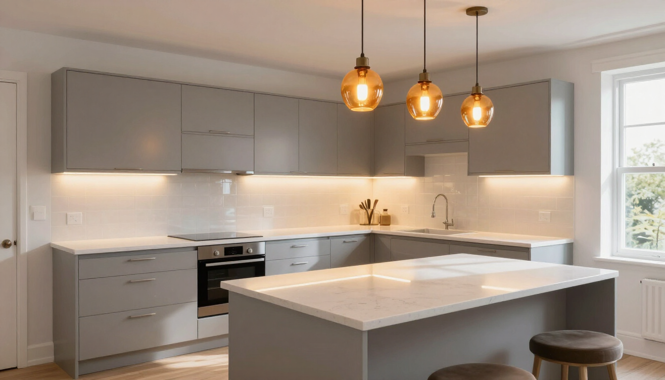 Modern white kitchen with island, pendant lights, gray cabinets, and a window on the right.
