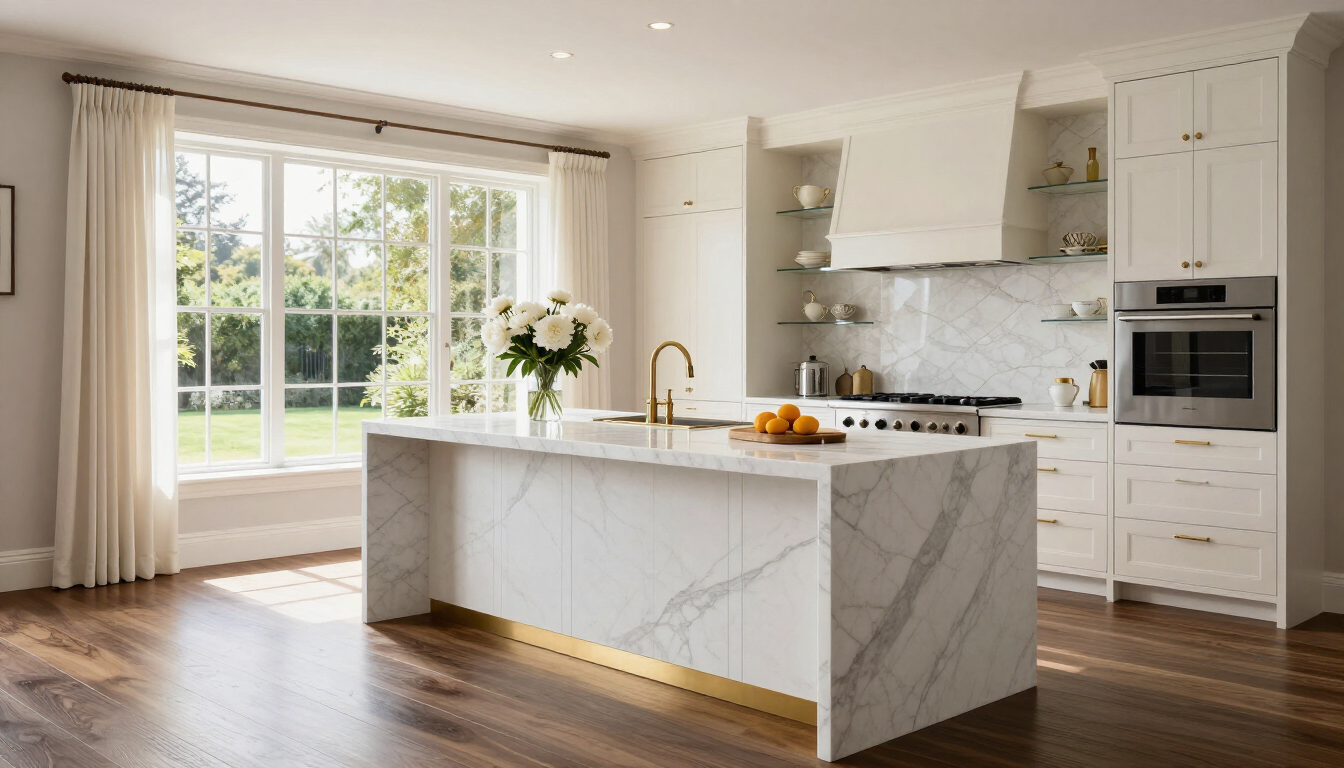 Bright modern kitchen with a marble island, white cabinetry, and large windows overlooking a garden
