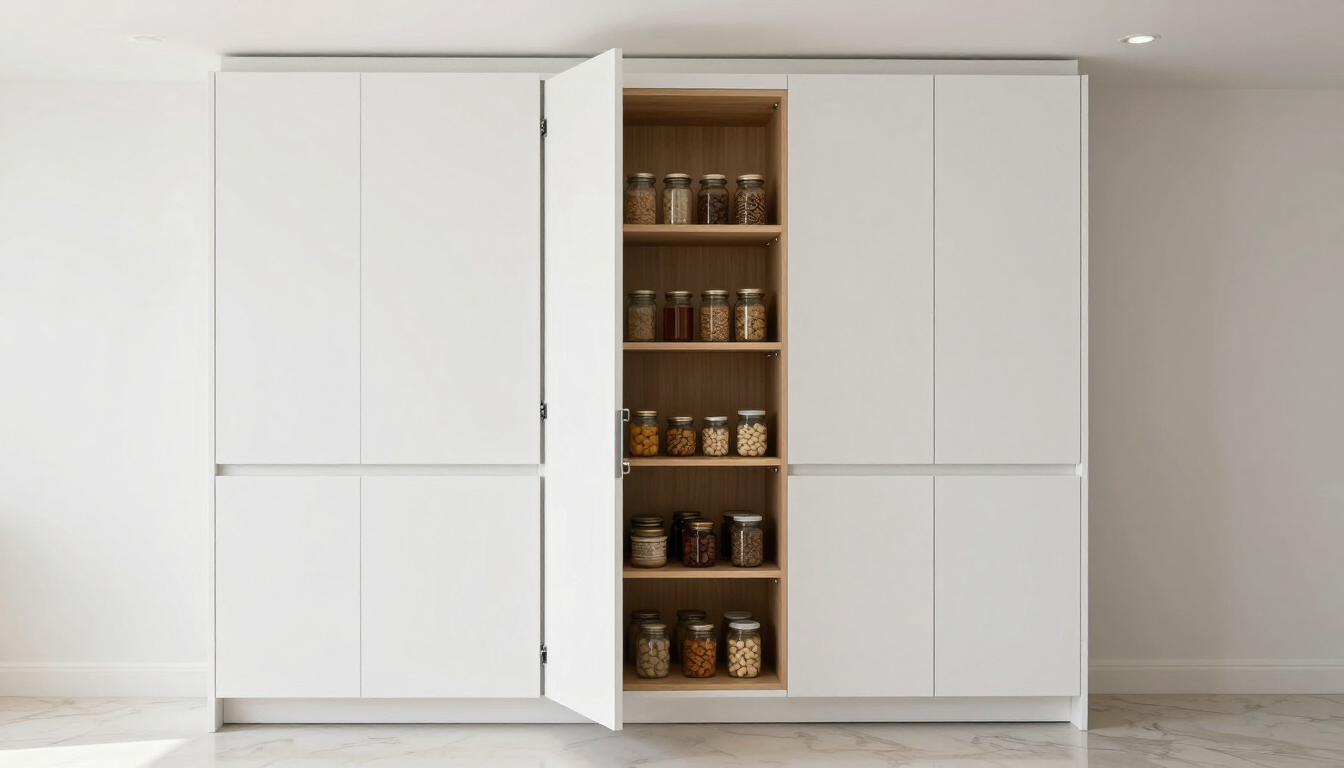 Open pantry cabinet with white doors and shelves of jars inside a modern white kitchen